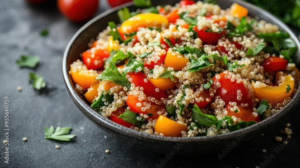 vibrant vegan quinoa salad featuring bell peppers and cherry tomatoes, ideal for a healthy diet, displayed beautifully vibrant vegan quinoa salad featuring bell peppers and cherry tomatoes, ideal for a healthy diet, displayed beautifully