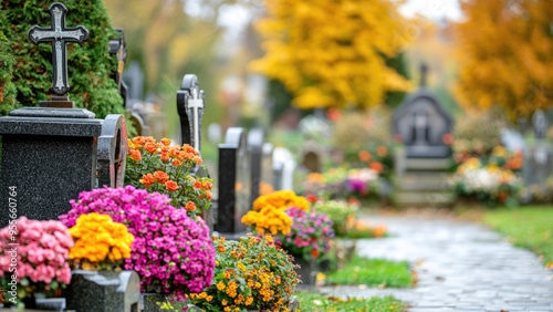 Vibrant cemetery in autumn with colorful flowers and gravestones.