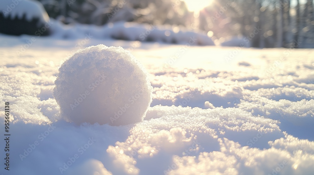 A single snowball resting on pristine snow at sunset in a tranquil winter landscape A single snowball resting on pristine snow at sunset in a tranquil winter landscape