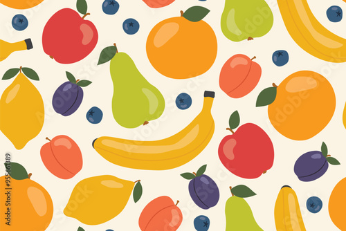 fruits seamless pattern with apple, pear, orange, lemon, banana, berry, peach icons; great for packaging for organic food products - vector illustration