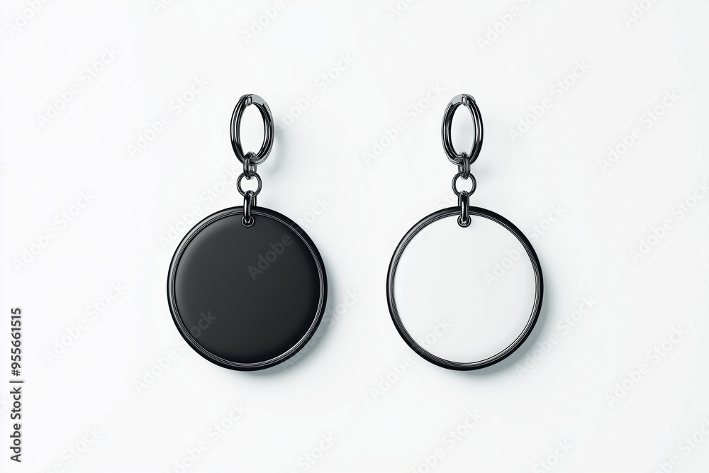 An image showcasing two circular keychains side by side against a clean, white background. The keychain on the left features a solid black design, while the keychain on the right is in white, An image showcasing two circular keychains side by side against a clean, white background. The keychain on the left features a solid black design, while the keychain on the right is in white,