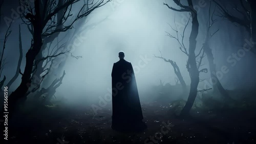 Dracula in his late 30s stands terrified in a haunted forest with twisted trees, his expression is of shock, hands raised defensively, with fog creeping in the background
