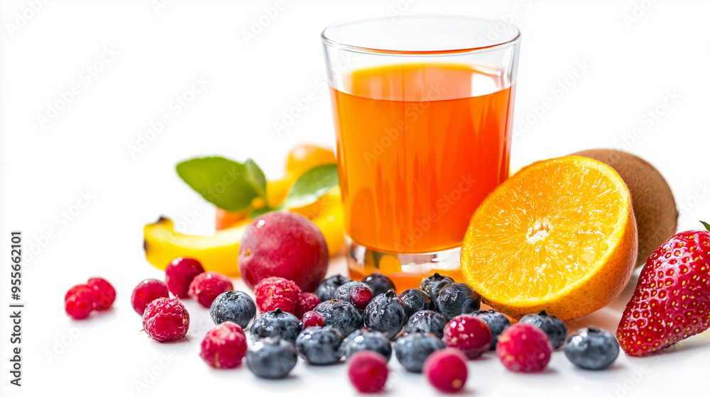 A Picture of a Glass of fresh multivitamin fruit Juice surrounded by juicy Fruits and Berries, on a white Background. A Picture of a Glass of fresh multivitamin fruit Juice surrounded by juicy Fruits and Berries, on a white Background.