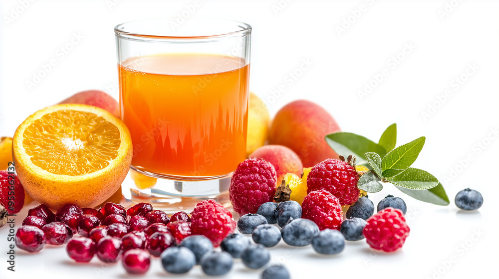A Picture of a Glass of fresh multivitamin fruit Juice surrounded by juicy Fruits and Berries, on a white Background. A Picture of a Glass of fresh multivitamin fruit Juice surrounded by juicy Fruits and Berries, on a white Background.
