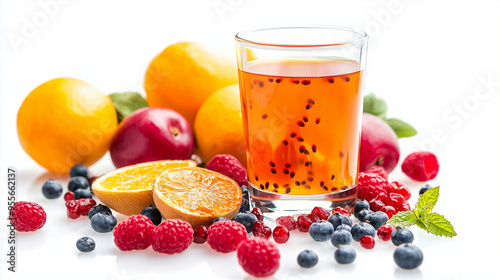 A Picture of a Glass of fresh multivitamin fruit Juice surrounded by juicy Fruits and Berries, on a white Background. photo