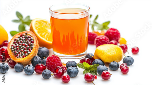 A Picture of a Glass of fresh multivitamin fruit Juice surrounded by juicy Fruits and Berries, on a white Background. photo