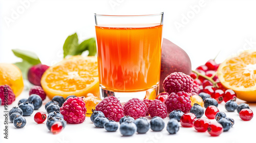 A Picture of a Glass of fresh multivitamin fruit Juice surrounded by juicy Fruits and Berries, on a white Background. photo