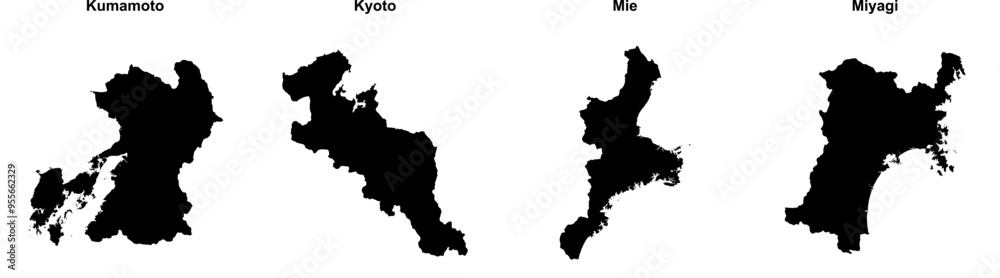 Naklejka premium Kumamoto, Kyoto, Mie, Miyagi outline maps