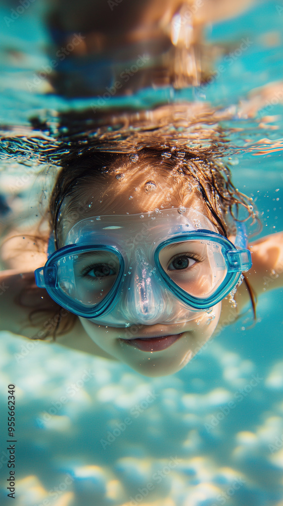 Fototapeta premium Young girl happily swims underwater in a pool with a blue diving mask, surrounded by bubbles and sunlight