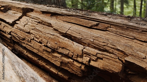 Close-up of a rotting and insect-damaged spruce trunk in the forest