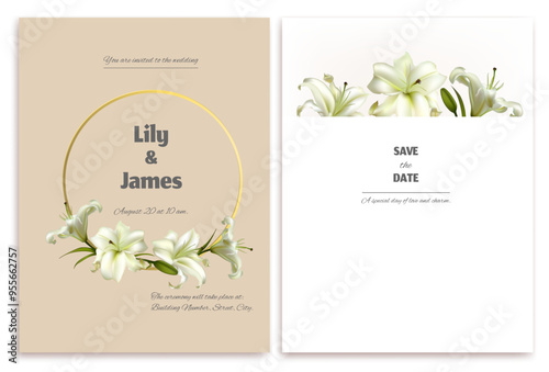White lily. Bouquet. Flowers. Floral background. Wedding invitation. Golden ring decorated with white lilies