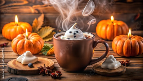 Cozy Hot Chocolate with Ghost Marshmallows and Pumpkin Decor