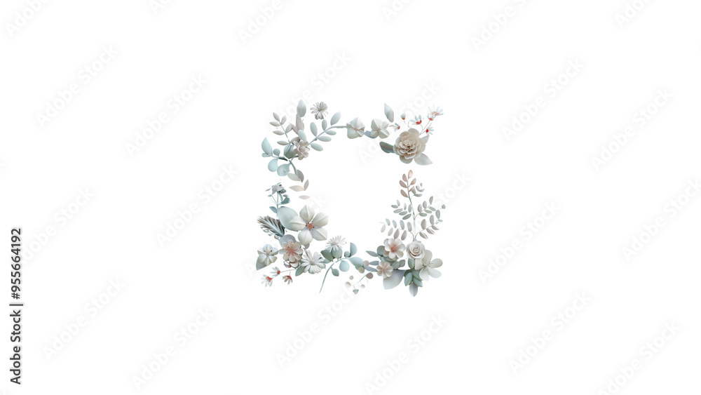 Square floral frame with white flowers and leaves on transparent background Square floral frame with white flowers and leaves on transparent background