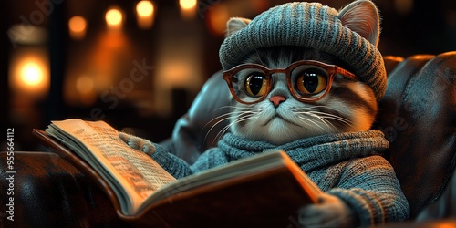 Chat sérieux avec bonnet et lunettes lisant un livre dans un fauteuil photo