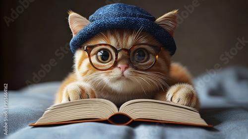 Chat adorable avec lunettes et bonnet lisant un livre allongé photo