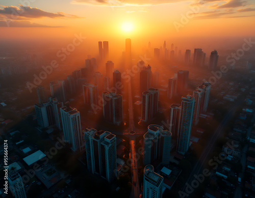 Aerial View of Modern City Skyline at Sunrise with Warm Golden Light
