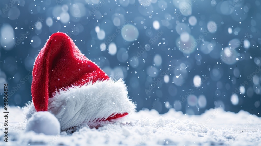 Festive Santa Hat in Snow with Falling Snowflakes and Bokeh Lights Creating a Magical Winter Holiday Scene Festive Santa Hat in Snow with Falling Snowflakes and Bokeh Lights Creating a Magical Winter Holiday Scene