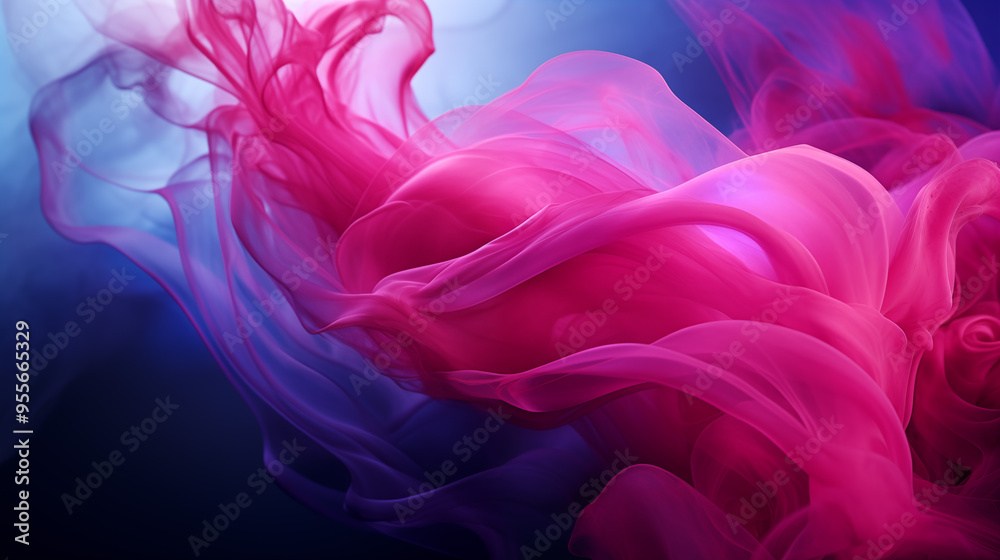 Abstract blue and pink smoke alongside holographic neon fluid waves on a dark background for a dramatic effect. Abstract blue and pink smoke alongside holographic neon fluid waves on a dark background for a dramatic effect.