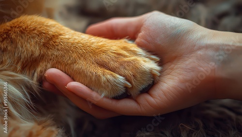 A close-up of a human hand holding a dog's paw, showcasing care and friendship between them. 