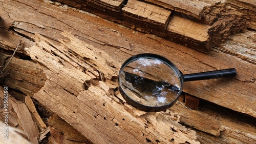 A magnifying glass on a rotting old fallen tree - for a detailed examination of the cause of the destruction