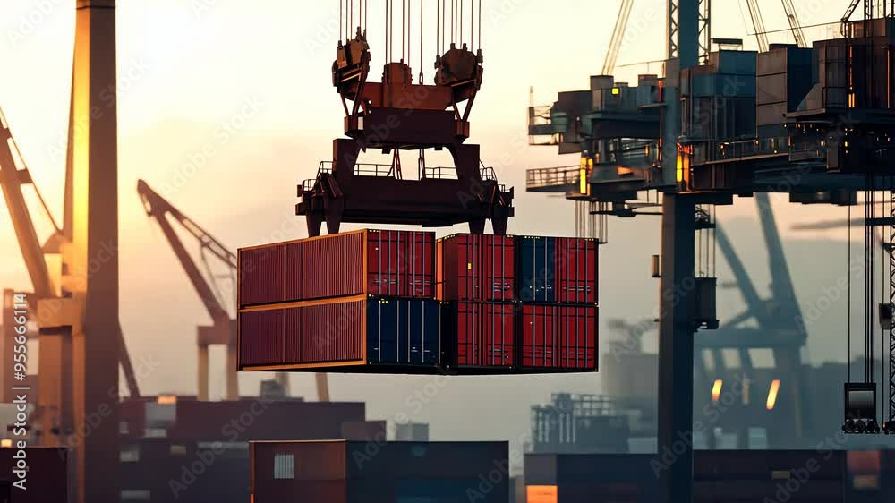 Cargo crane lifting a red shipping container at a dockside port with ...