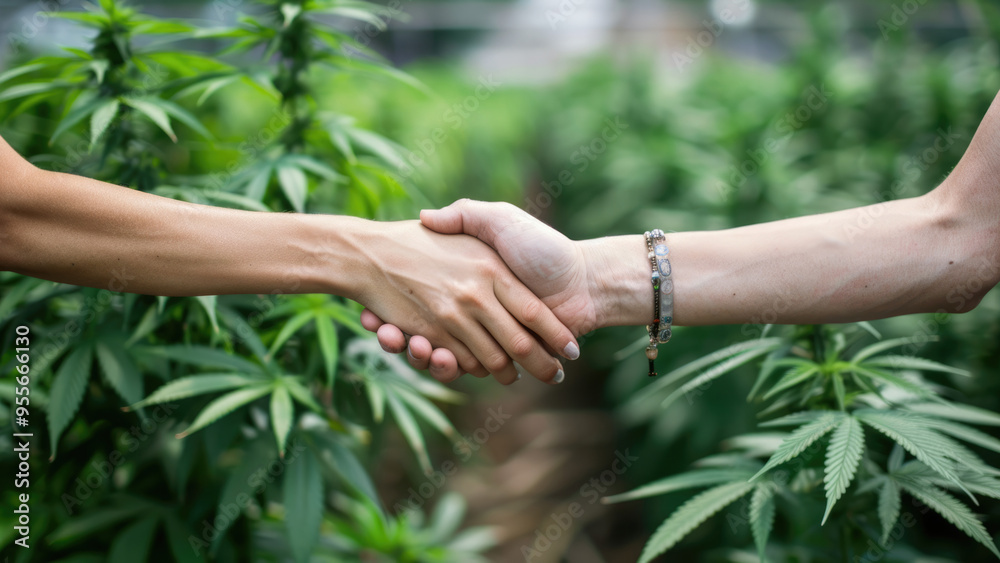 Obraz premium Close-up handshake between two people in a cannabis field