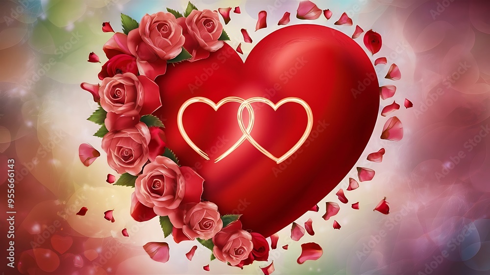 Red heart with roses rose petals with two heart love concept Red heart with roses rose petals with two heart love concept