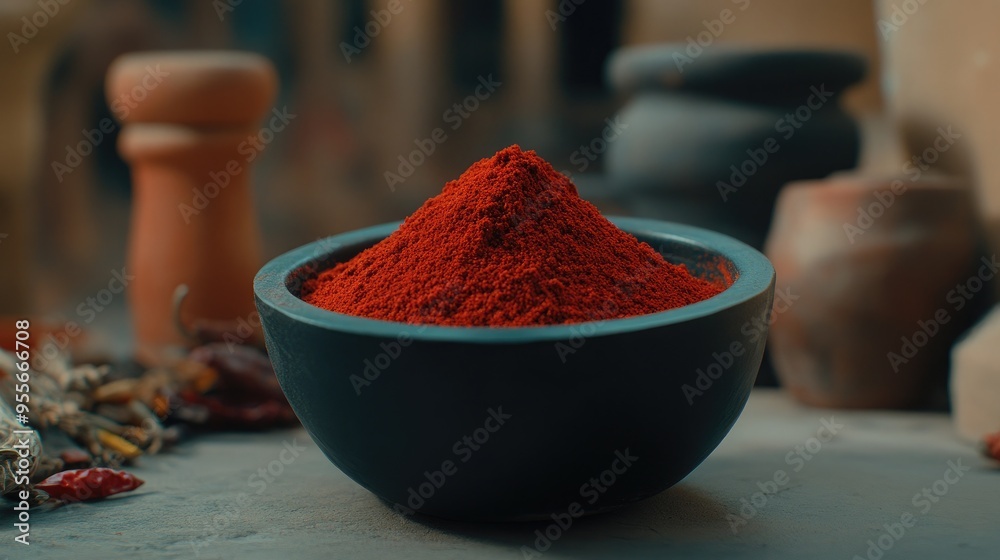 A close-up shows an artisanal black bowl brimming with vibrant dry paprika powder, surrounded by scattered garlic and chili peppers, creating a rich culinary atmosphere A close-up shows an artisanal black bowl brimming with vibrant dry paprika powder, surrounded by scattered garlic and chili peppers, creating a rich culinary atmosphere