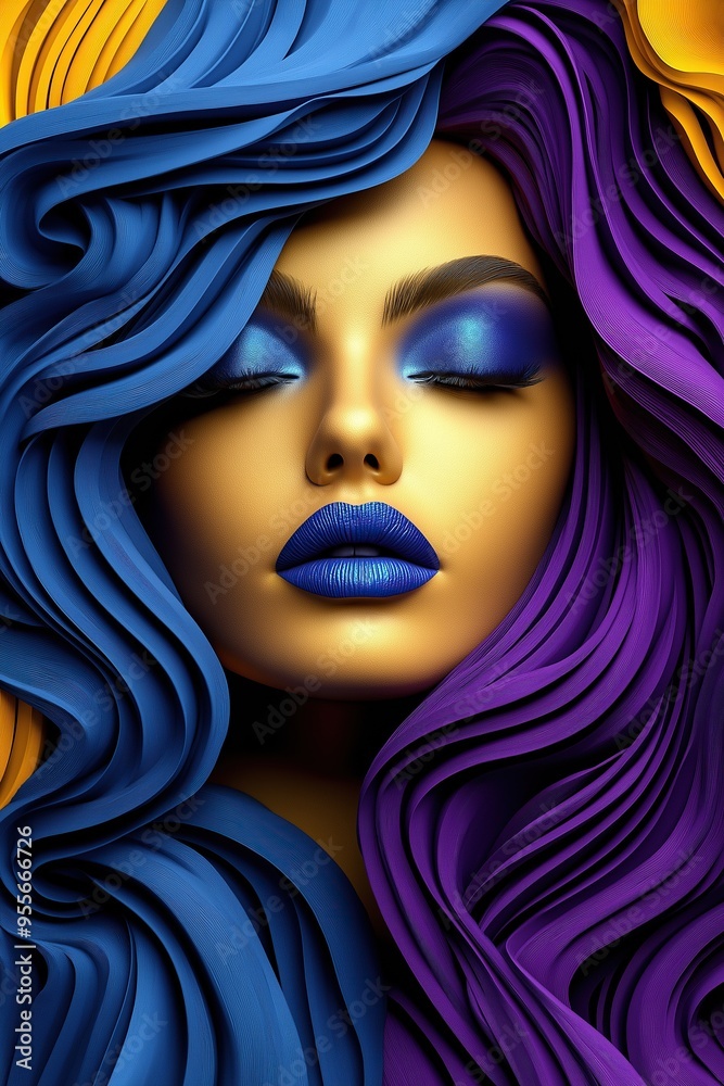 Fototapeta premium 3D rendering of a stylized woman's face with vibrant blue and purple flowing hair