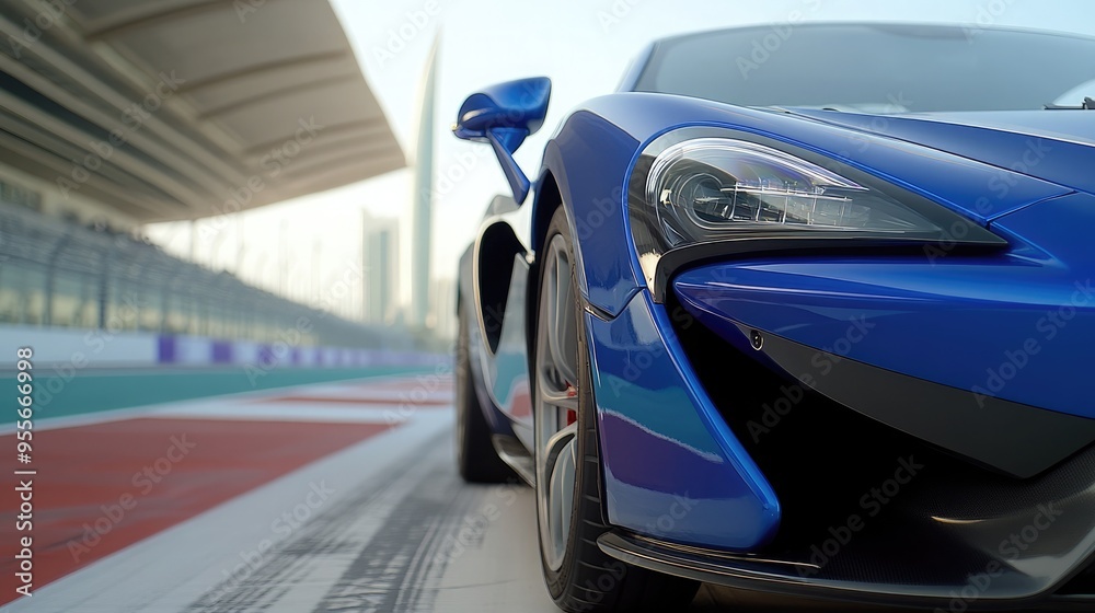 A stunning blue sports car accelerates on the racetrack, showcasing its glossy details and powerful design against vibrant red racing stripes and autumn foliage A stunning blue sports car accelerates on the racetrack, showcasing its glossy details and powerful design against vibrant red racing stripes and autumn foliage