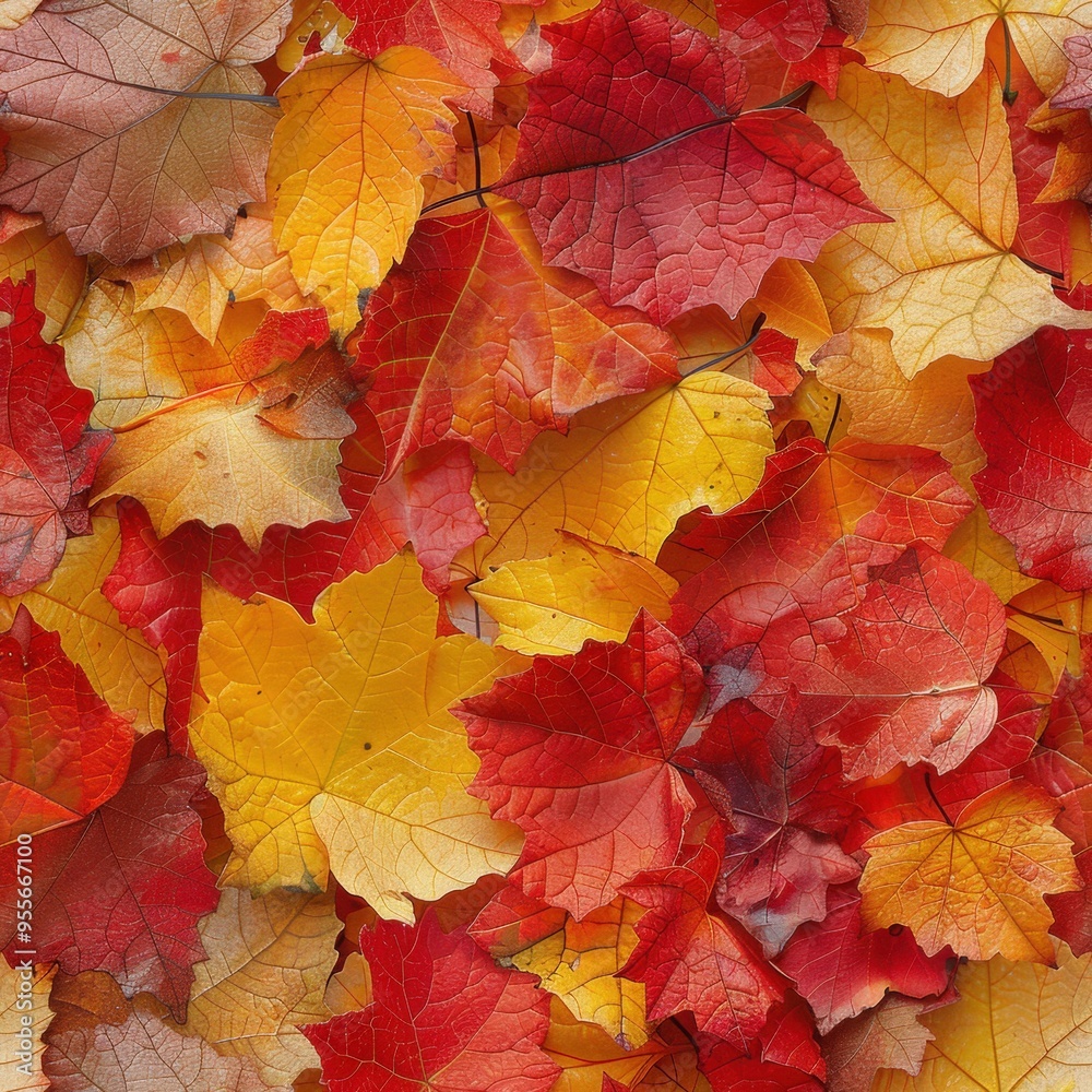 Fototapeta premium Close-up of a small leaf wall in autumn, warm reds, and golden yellows, intricate textures, perfect for capturing the essence of fall.