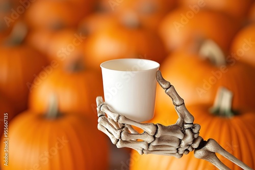 Close-up of a skeleton hand holding a white cup mockup against a blurred background of many orange pumpkins. Autumn, Halloween and holiday concept. Space for design and text. photo