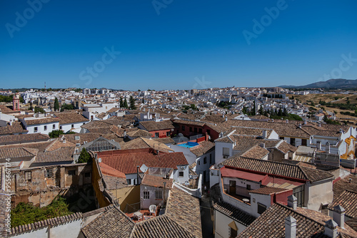 Aerial view of white houses in the ancient town of Ronda, Spain.