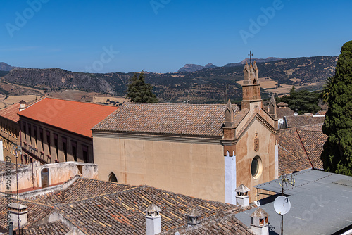 Aerial view of white houses in the ancient town of Ronda, Spain.