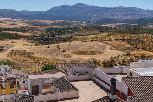 Aerial view of white houses in the ancient town of Ronda, Spain.