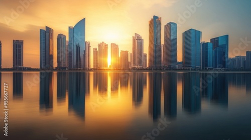 A sleek city skyline with modern skyscrapers reflecting on tranquil water during a golden sunset, capturing a serene and elegant urban scene.

