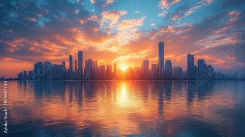 A breathtaking sunset over a city skyline with skyscrapers reflecting in the calm water, creating a stunning blend of warm and cool colors.