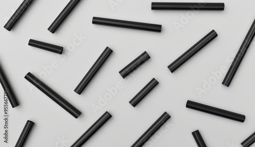 "An abstract arrangement of black cylindrical rods scattered across a light gray background. The rods are evenly distributed, creating a visually pleasing pattern with a modern 