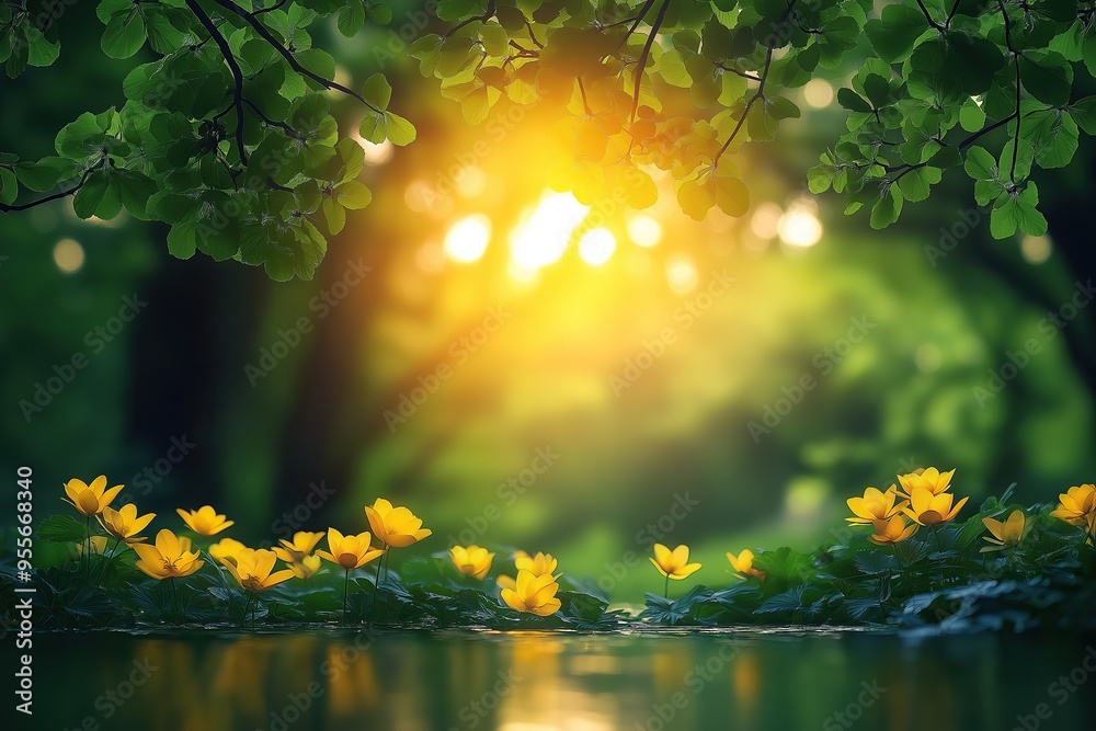 Illustration of yellow flowers in a sunlit forest clearing with green foliage, peaceful nature scene Illustration of yellow flowers in a sunlit forest clearing with green foliage, peaceful nature scene