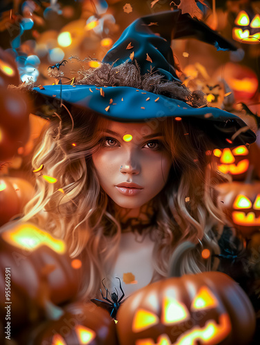 A young witch with a pointed hat stands amidst glowing jack-o'-lanterns and swirling autumn leaves, capturing the enchanting spirit of Halloween in a mystical forest