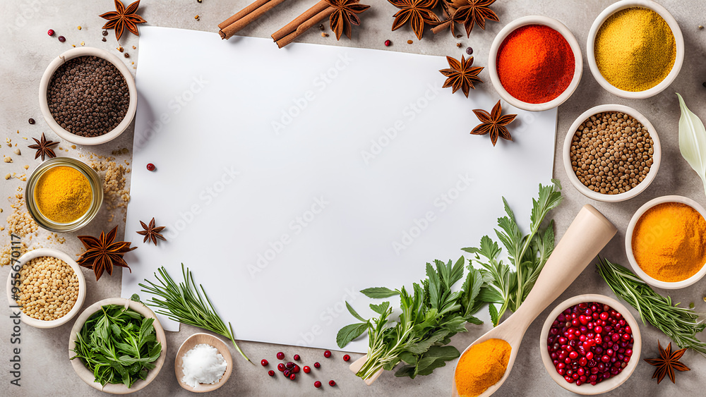 Flavorful Essentials: Top-Down View of Herbs and Spices for Healthy Cooking Flavorful Essentials: Top-Down View of Herbs and Spices for Healthy Cooking