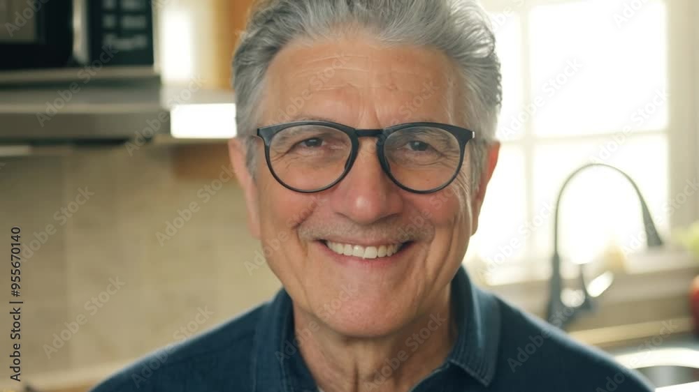 Happy elderly man with grey hair and glasses smiling warmly in a cozy home setting.