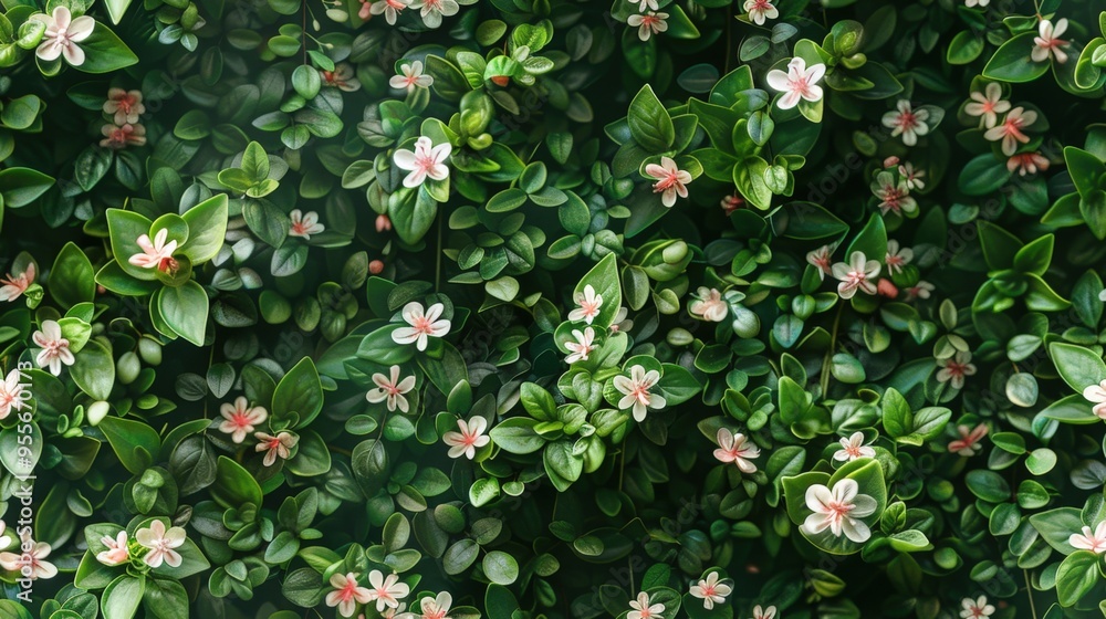 Fresh green wall of small leaves in spring, delicate white and pink flowers, soft sunlight, capturing the vibrant energy of the season. Fresh green wall of small leaves in spring, delicate white and pink flowers, soft sunlight, capturing the vibrant energy of the season.