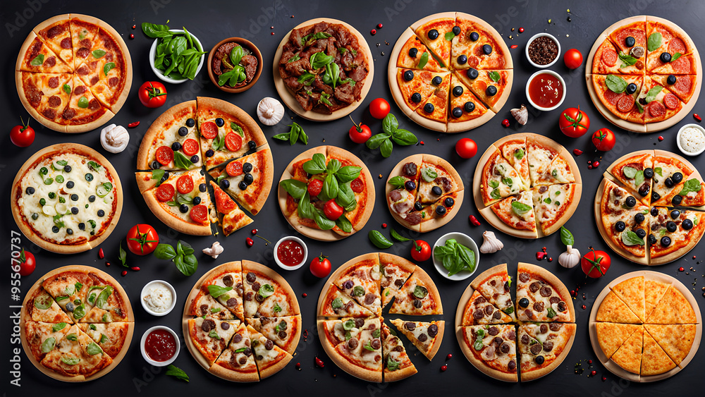 Ultimate Pizza Spread - Top-Down View of Popular and Flavorful Pizzas Ultimate Pizza Spread - Top-Down View of Popular and Flavorful Pizzas