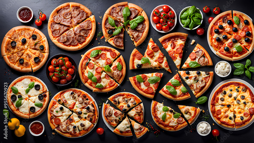 Pizza Paradise - Aerial Collection of Different Mouthwatering Pizzas Pizza Paradise - Aerial Collection of Different Mouthwatering Pizzas