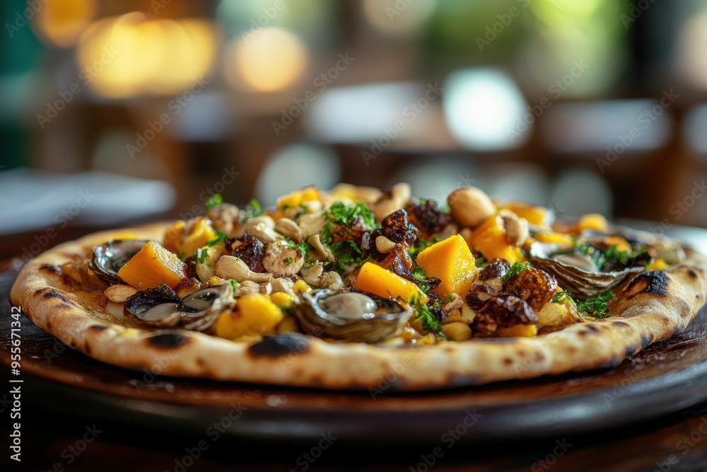 Gourmet Pizza with Roasted Vegetables and Nuts on Wooden Board. Generative AI.