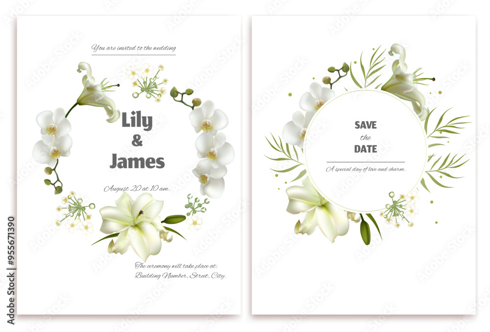 White orchids. Lilies. Green palm leaves. Tropical flowers. Wedding invitation. Beautiful floral pattern on a white background. Postcard. Flower wreath. White orchids. Lilies. Green palm leaves. Tropical flowers. Wedding invitation. Beautiful floral pattern on a white background. Postcard. Flower wreath.