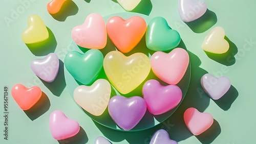 Jelly heart shaped candies sweets on a mint green background with shadows arts and crafts creative artwork diy fun selftime education learning concept photo