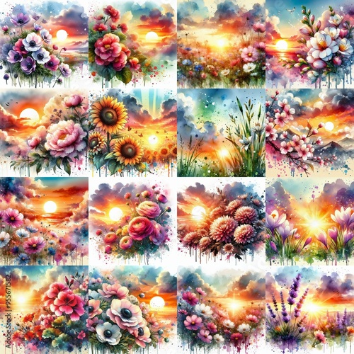 watercolor flowers and sunset drawing style floral background. AI generated illustration