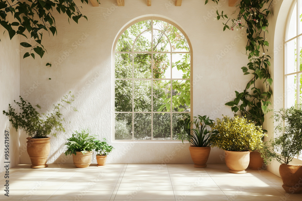 Fototapeta premium Mediterranean Conservatory with Whitewashed Walls: Serenity and Natural Light